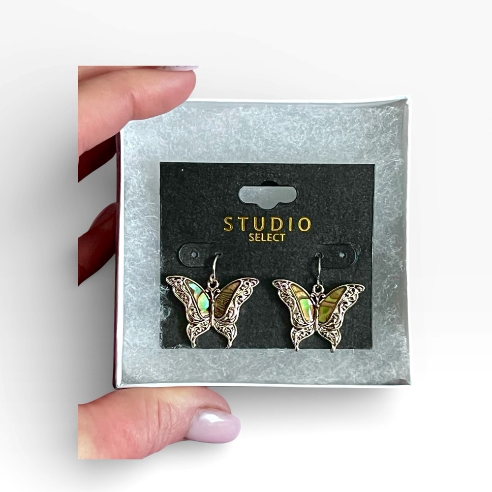 Silver Butterfly Earrings with Abalone Stone Accents - Picture 4 of 5